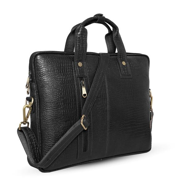 Angled view of UZR black croc leather messenger bag