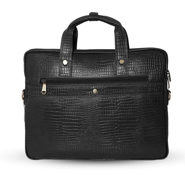 Back view of UZR croc-textured black leather messenger bag