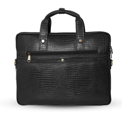 Back view of UZR croc-textured black leather messenger bag