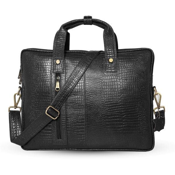 UZR croc-textured black leather messenger bag front view