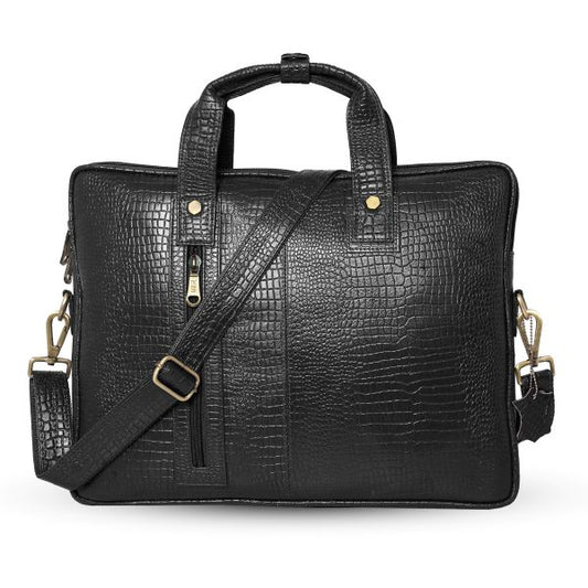 UZR croc-textured black leather messenger bag front view