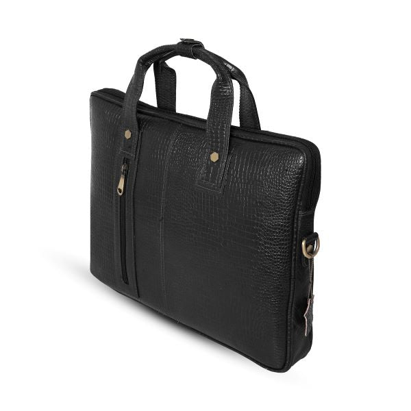 UZR croc-textured black leather messenger bag styled on model