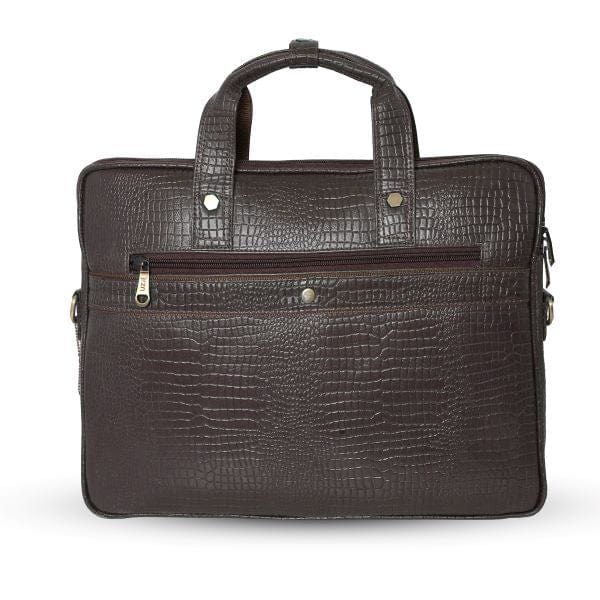 Back view of UZR brown croc-textured leather messenger bag