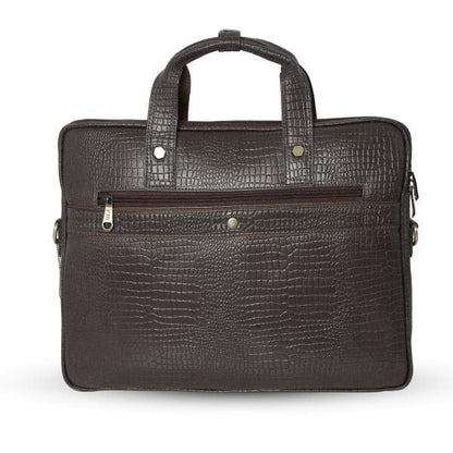 Back view of UZR brown croc-textured leather messenger bag