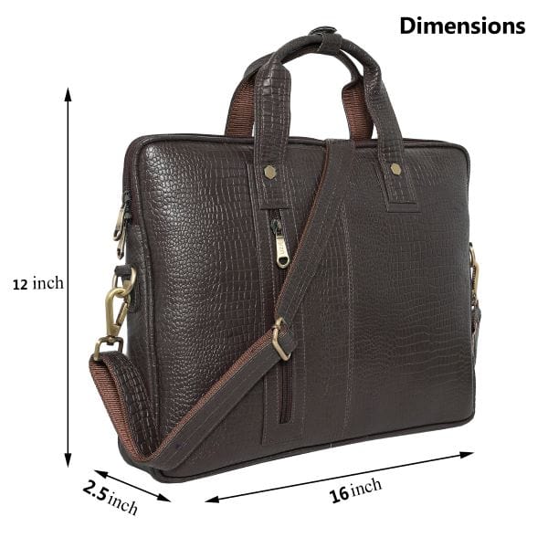 Brown leather briefcase with dimensions indicated on a white background