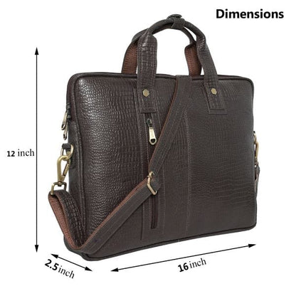 Brown leather briefcase with dimensions indicated on a white background
