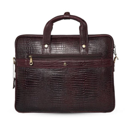 Back view of UZR burgundy croc-textured leather messenger bag
