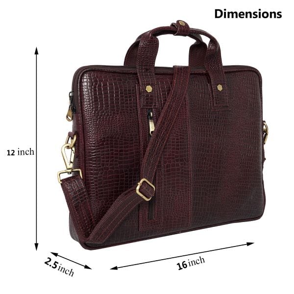 Brown leather briefcase with dimensions indicated 