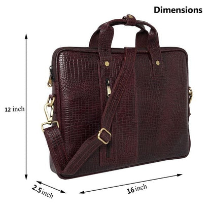 Brown leather briefcase with dimensions indicated 