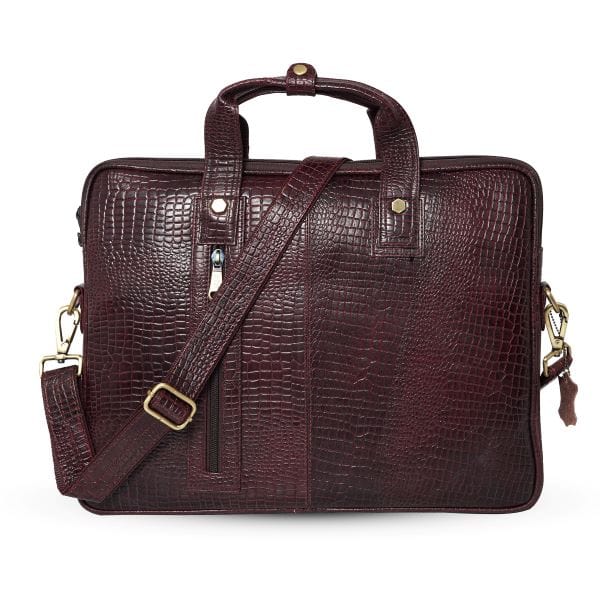 UZR croc-textured burgundy leather messenger bag front view