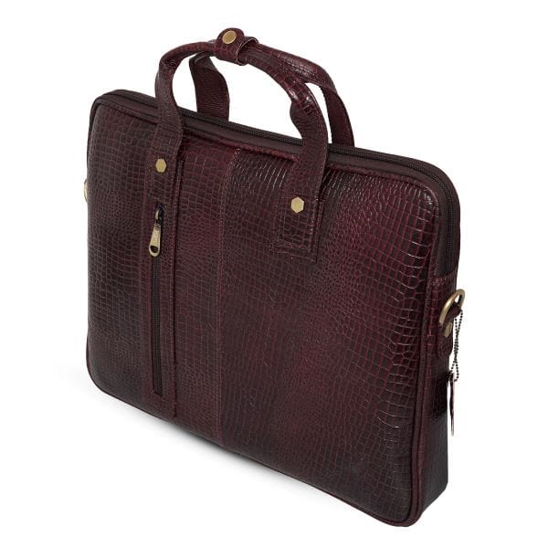 UZR burgundy croc leather messenger styled on model