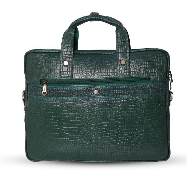 Back view of UZR green croc-textured leather messenger bag