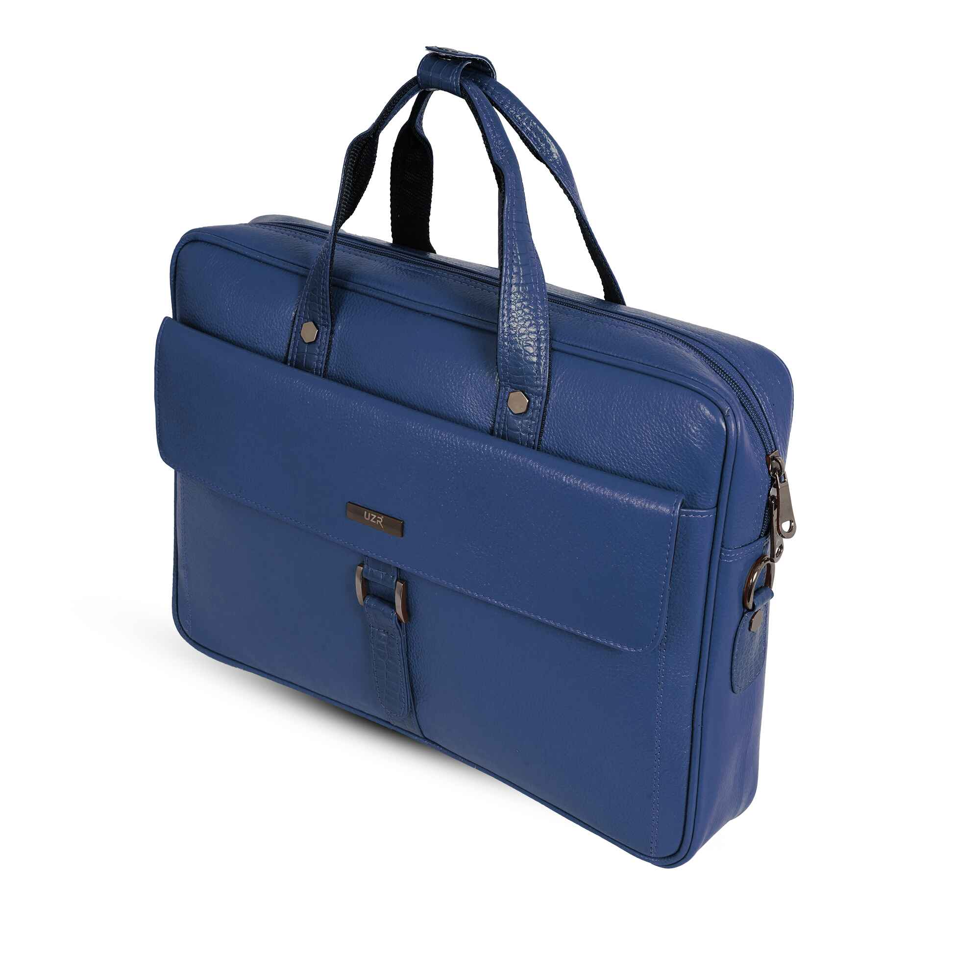Blue leather briefcase on a white background
