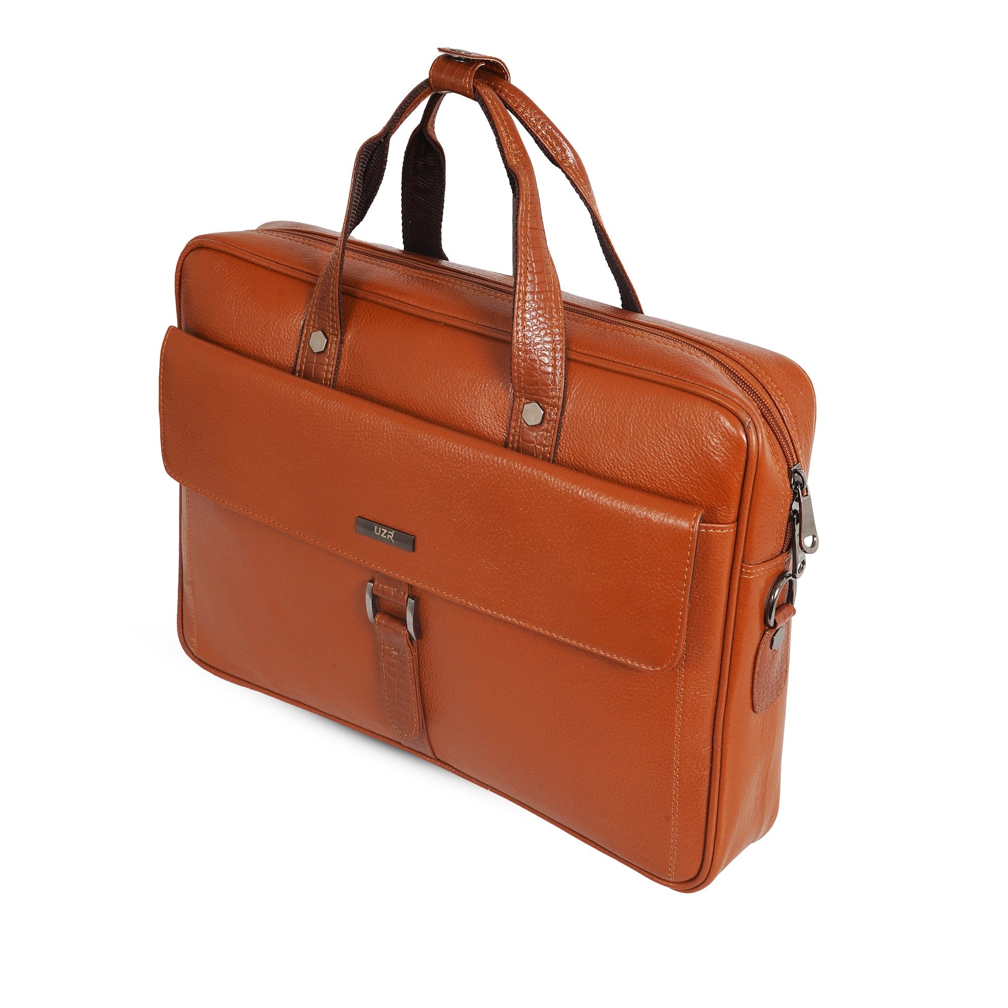 UZR orange leather executive bag styled with formal attire
