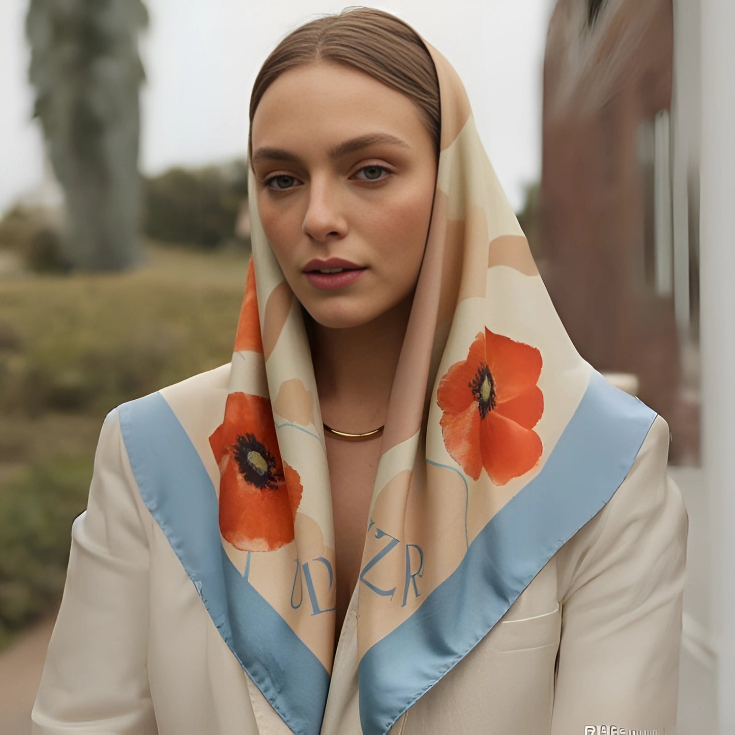 Woman wearing a floral scarf with 'UZR' branding outdoors