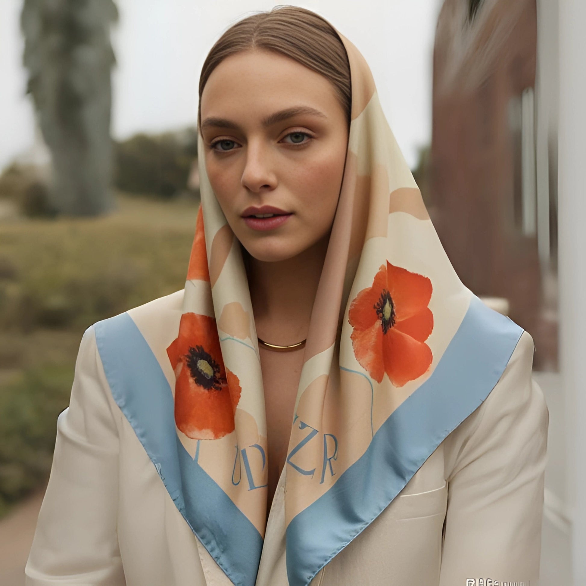 Woman wearing a floral scarf with 'UZR' branding outdoors