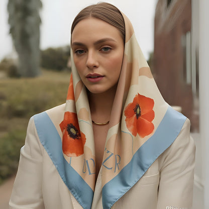 Woman wearing a floral scarf with 'UZR' branding outdoors