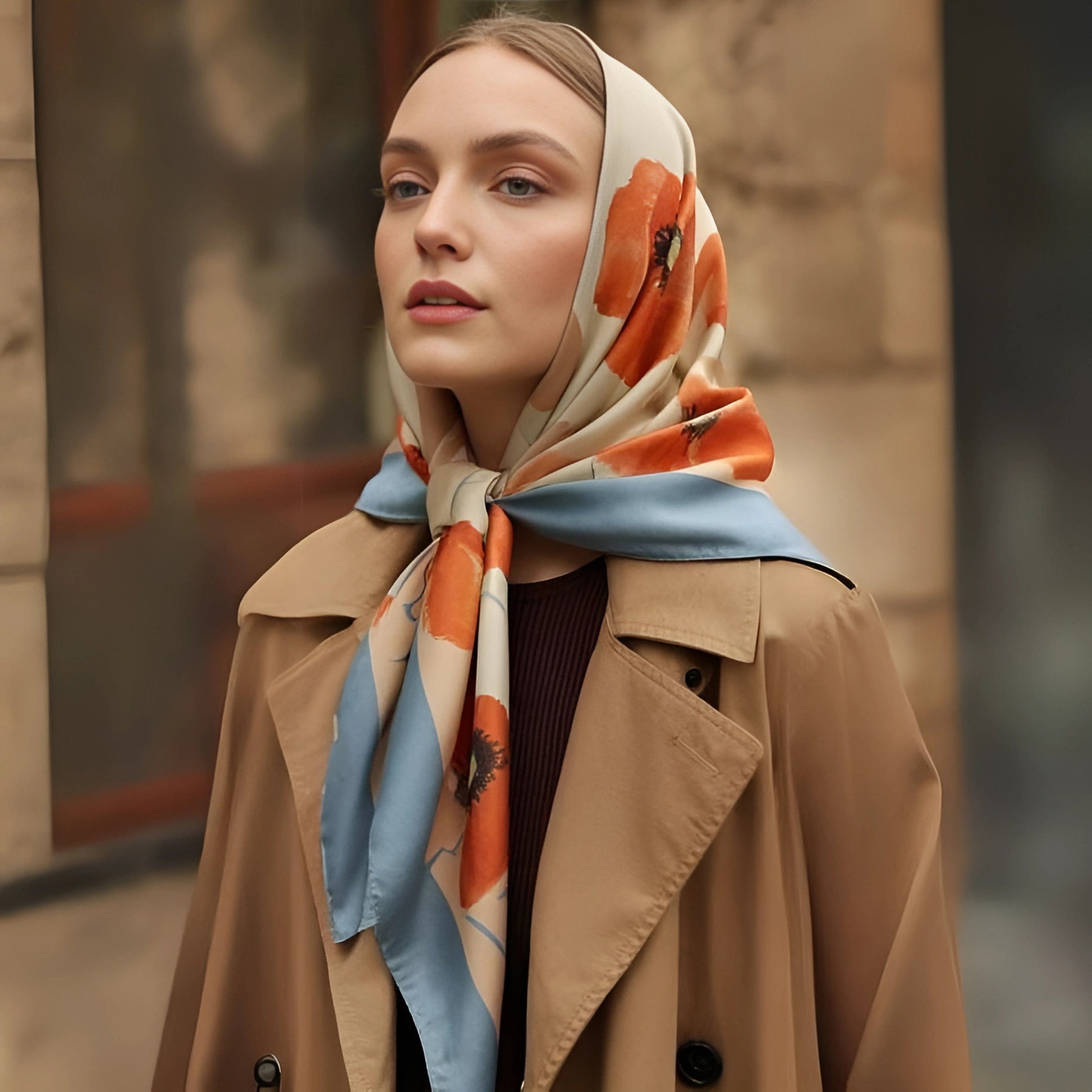 Woman wearing a patterned scarf and brown coat in an urban setting